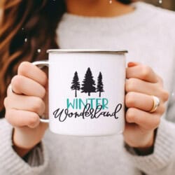 Person holding a white mug with "Winter Wonderland" and tree silhouettes printed, wearing a light-colored sweater and rings, with a snowy background.