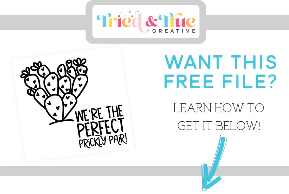 Title box with image of Cactus Valentine free SVG file and the words " Want this free file? Learn how to get it below!"