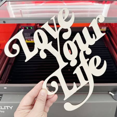 Hand holding a cut-out sign that says "Love Your Life" in front of a Creality Falcon2 Pro.