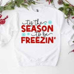 White sweatshirt with the text "Tis the season to be freezin'" in red and black, surrounded by snowflakes. Winter greenery decorates the edges.