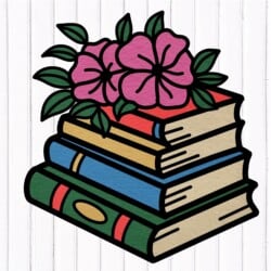 Illustration of a stack of books with pink flowers and green leaves on top, set against a white wood-textured background.
