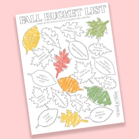 A fall-themed bucket list worksheet with leaf shapes to color in after completing activities, such as "Bake a pumpkin pie," "Visit a corn maze," and "Make a fall-themed craft.