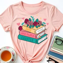 Pink shirt with a graphic of three stacked books adorned with roses and hearts. Text on books reads, "Just One More Chapter." A cup of tea and stacked notebooks are beside the shirt.