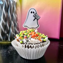 Cupcake with white frosting, topped with colorful sprinkles, and a ghost decoration holding a "Boo" sign.