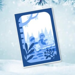 Blue and white illustration of two children sledding in a snowy forest.